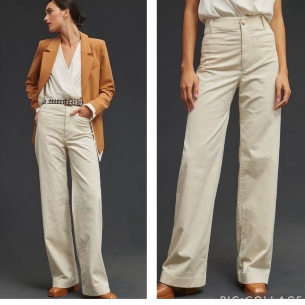 Anthropologie Maeve Colette full length ivory corduroy pant slit pocket see pic